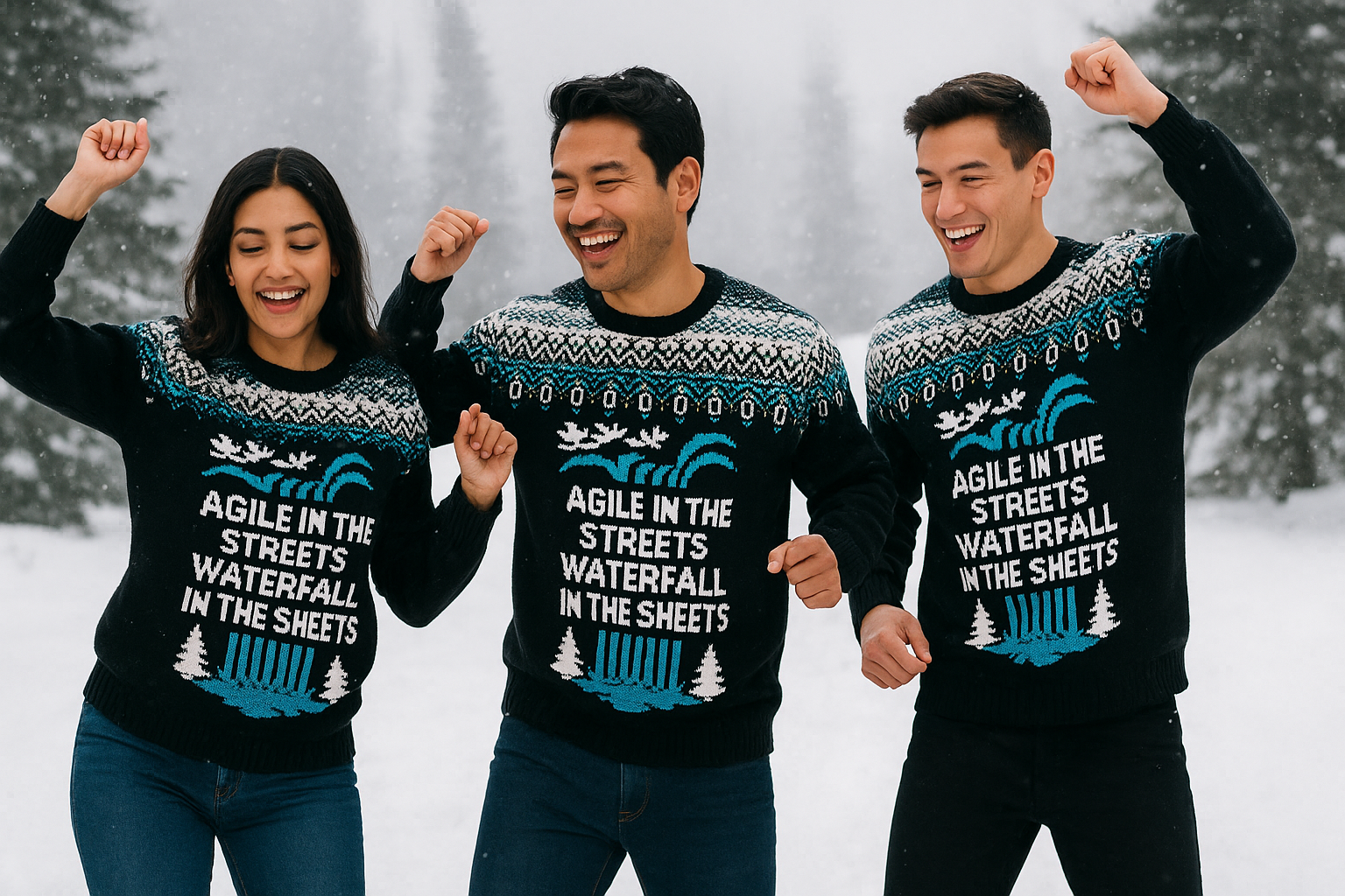 Three people wearing matching sweaters with a winter-themed design in a snowy landscape.